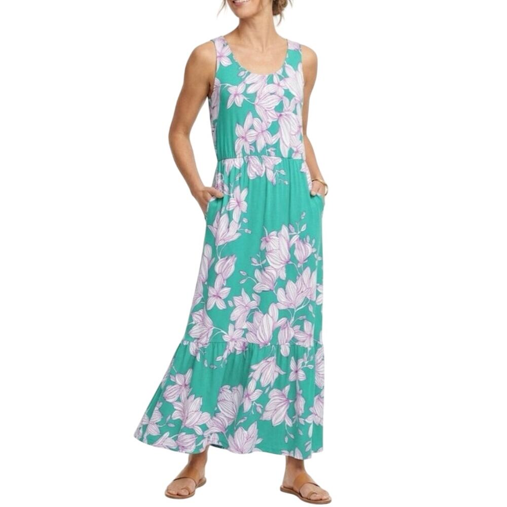 CAbi Vibe Maxi Dress Green Floral Jersey Tiered Hem Scoop Neck Pockets Size M